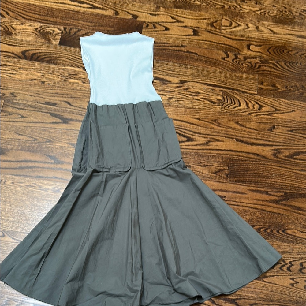 Sleeveless Dress with white stretch  top. Cotton khaki bottom.  Very flattering